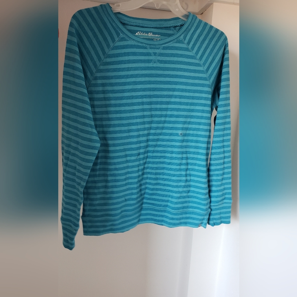 Eddie Bauer Teal and Aqua Striped Long Sleeve Top